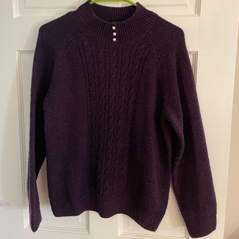 Plum purple sweater size large with pearl buttons at the collar